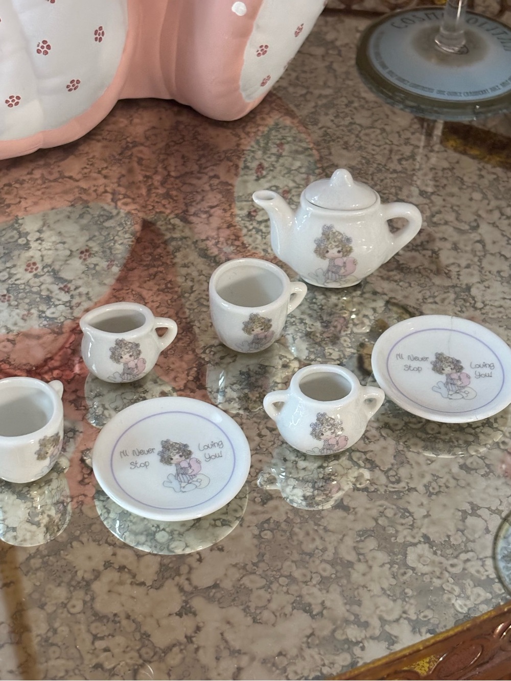 Precious Moments vtg 1989 miniature tea set I’ll never stop loving you design :)